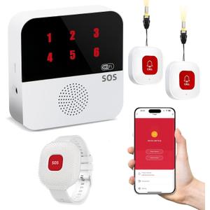 Life Alert Systems for Seniors No Monthly Fee App-Controlled, Medical Alert Systems for Seniors with 1Waterproof Wrist 2 Call Button 1 Receiver and1-6 LED Number Display (Only Supports 2.4GHz Wi-Fi), 2Neckband+ 1Wrist Remote +1Receiver
