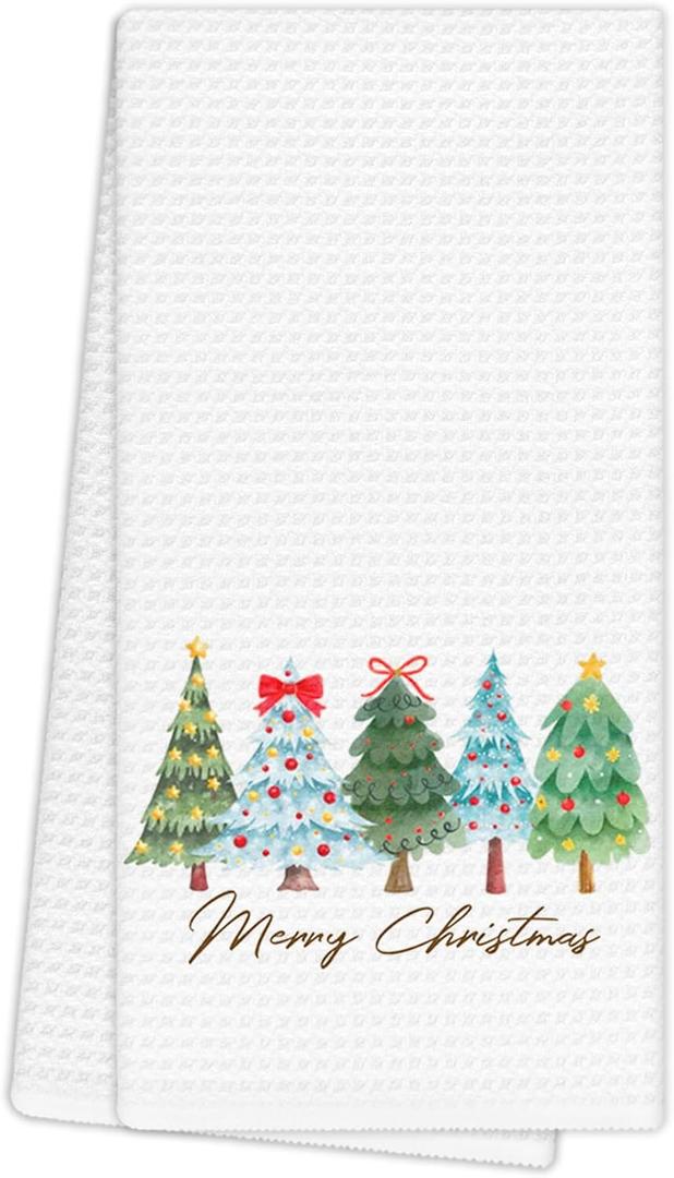 Merry Christmas Tree Kitchen Towels, Cute Winter Xmas Tree Hand Towels for Bathroom Decor, Winter Holiday Christmas Dishcloths Dish Towel for Kitchen 16x24 Inches