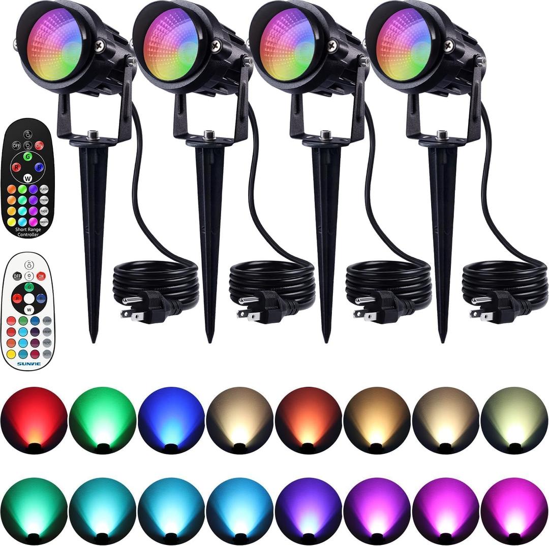 SUNVIE Spot Lights Outdoor 12W RGBW Color Changing Landscape Lights with Remote Control 120V RGB Landscape Lighting Waterproof Outdoor Spotlights for Yard Garden Patio Lawn Decorative, 4 Pack