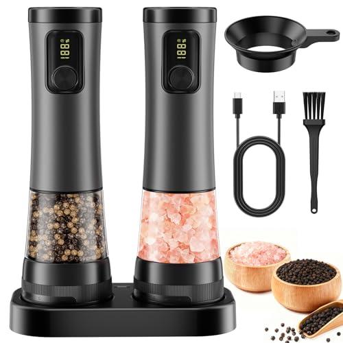 Electric Salt and Pepper Grinder Set - Rechargeable Salt Grinder with Led Power Display - Automatic Pepper Grinder with Storage Base - Pepper Mill with Light for Kitchen
