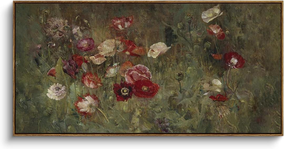 InSimSea Extra Large Framed Vintage Wall Art, Living Room Country Farmhouse Decor, Flowers Botanical Paintings, Canvas Prints, Retro Floral Long Picture for Bedroom Above of Bed,24x48inch