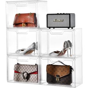 Purse Organizer for Closet, Clear Stackable Handbag Display Case Box for Handbag Storage Clear Box with Magnetic Door, Plastic Holder for Clothes, Bag, Shoes, Collectibles, Book, Cosmetic 5 Packs