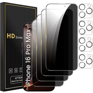 4 Pack Privacy Screen Protector for iPhone 16 Pro Max 6.9 Inch with 4 Pack Camera Lens Protector, Anti Spy Tempered Glass Film, Anti-Scratch, Touch Sensitive, Case Friendly
