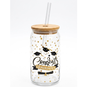 4 Pcs Glass Cups with Lids and Straws with Design Graduation Clear 16 oz Drinking Set Glass Tumbler Cute Design Iced Coffee Cups for Congrats Grad Party Gifts 
