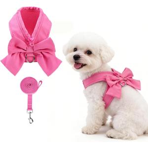 KOOLTAIL Small Dog Harness and Leash Set, Cute Puppy Vest Harnesses with Bowtie for Girl Outfit, Step in No Pull Soft Mesh Padded Adjustable Pet Harness for Extra-Samll Medium Dogs Cats, Pink, M
