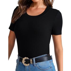 Womens Scoop Neck T Shirts Basic Ribbed Tees Fitted Tshirt Plain Short Sleeve Tops Casual, S