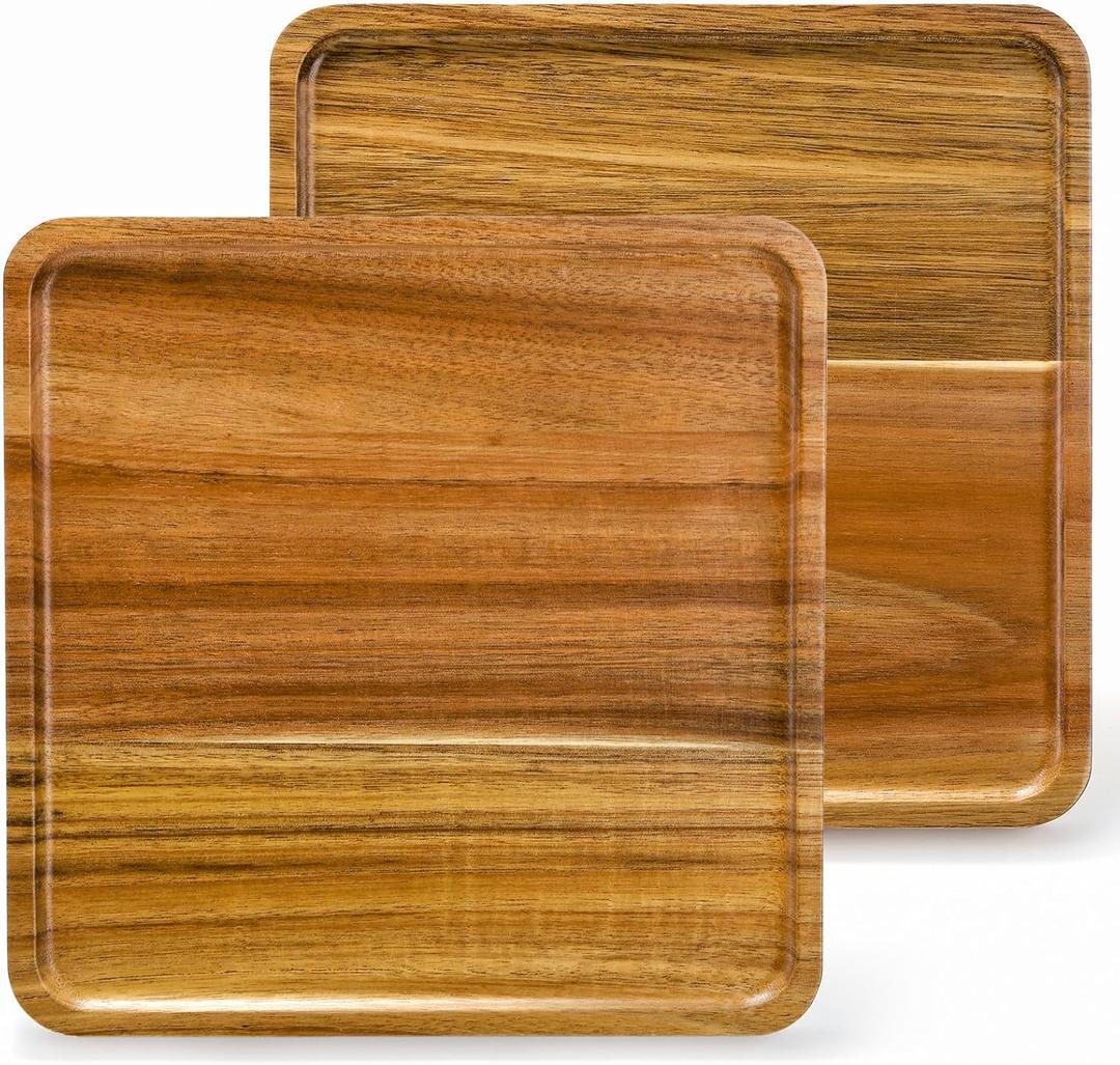 Elsjoy 2 Pack Acacia Wood Square Serving Tray, 10 Inch Square Wood Serving Platter Wooden Serving Board, Square Acacia Wood Plates for Charcuterie, Fruit, Bread