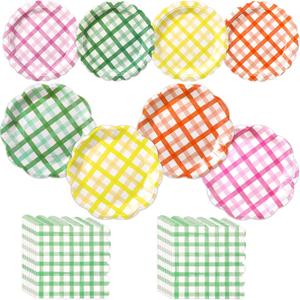 144 Pcs 48 Guests Gingham Plates and Napkins Party Supplies Colorful Gingham Paper Plates Napkins Checkered Plaid Disposable Tableware for Picnic BBQ Bachelorette Party Baby Bridal Shower