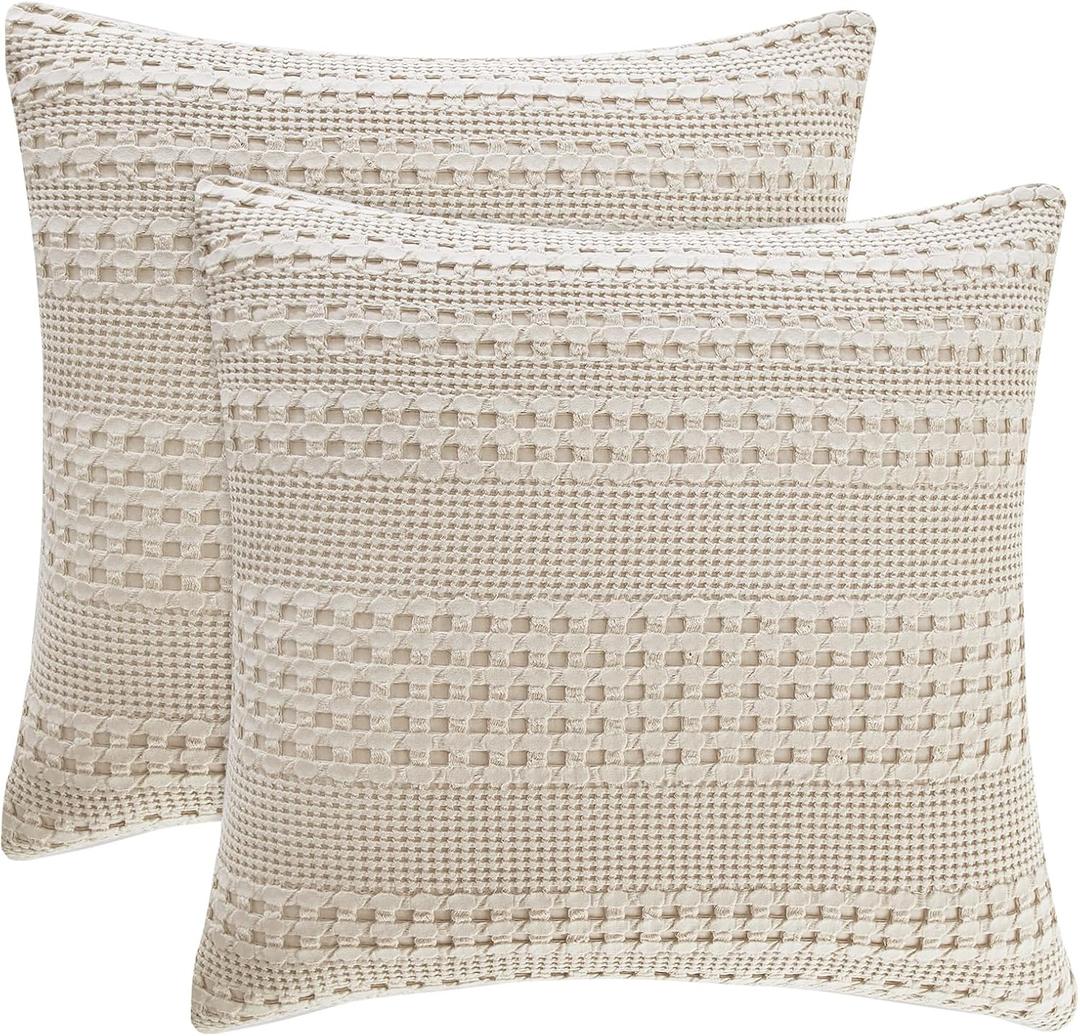 PHF 100% Cotton Waffle Weave Pillow Covers 24" x 24", 2 Pack Luxury Square Shell for Elegant Home Decor, No Filling, Luxury Aesthetic Soft Pillow Covers for Bed, Oatmeal