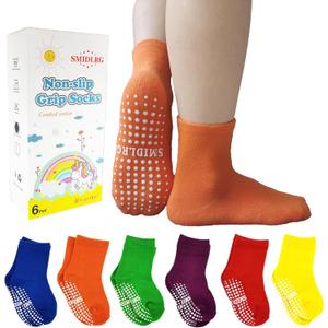Toddler Grip Crew Socks With Grippers Boys Girls Kids 1-3/3-5/5-7T 6 Pairs (Rainbow)