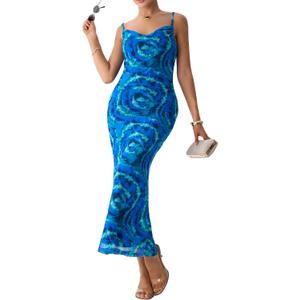 Women's Summer Floral Spaghtti Straps Maxi Dress 2026 Bodycon Sleeveless Cocktail Beach Long Tropical Dresses (Blue, S)