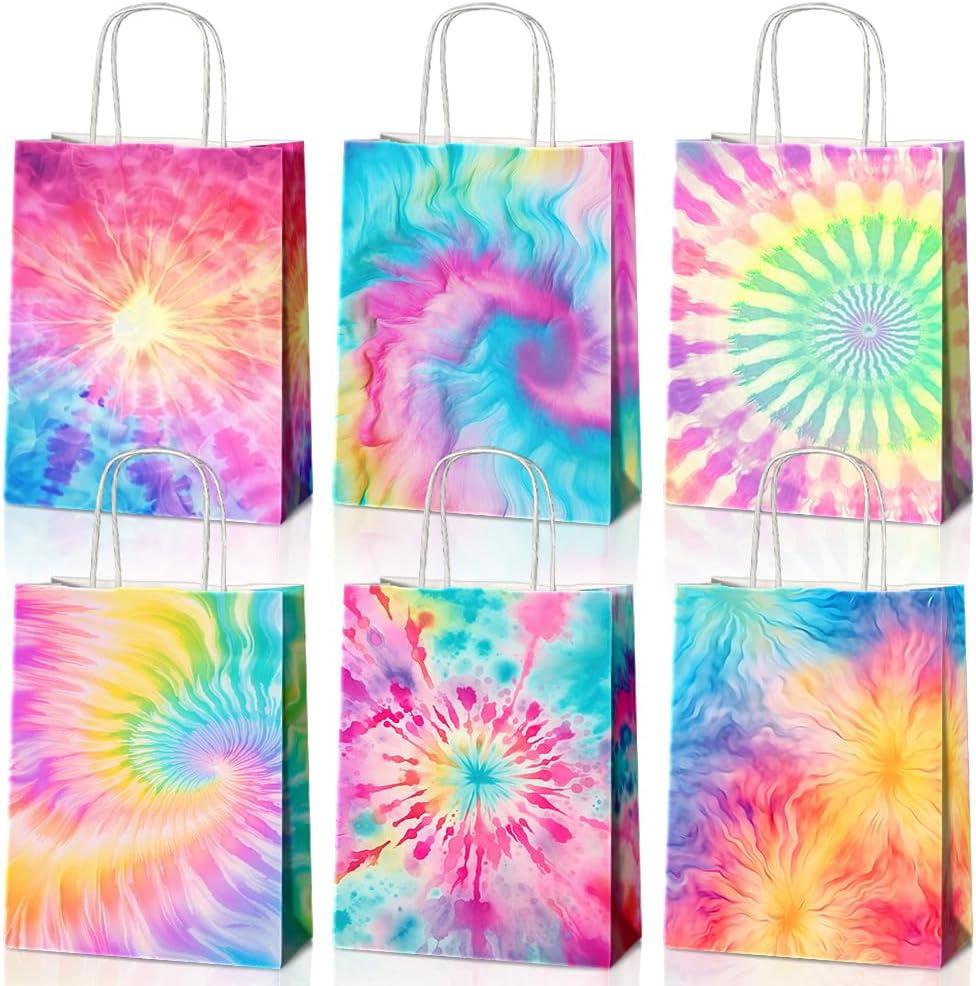 JOYGATHER 24 Pcs Tie Dye Party Favors Bags with Handles, Colorful Rainbow Goodie Gift Candy Kraft Paper Bags with 6 Different Types for Kids Adult Birthday Baby Shower Party Supplies Decorations