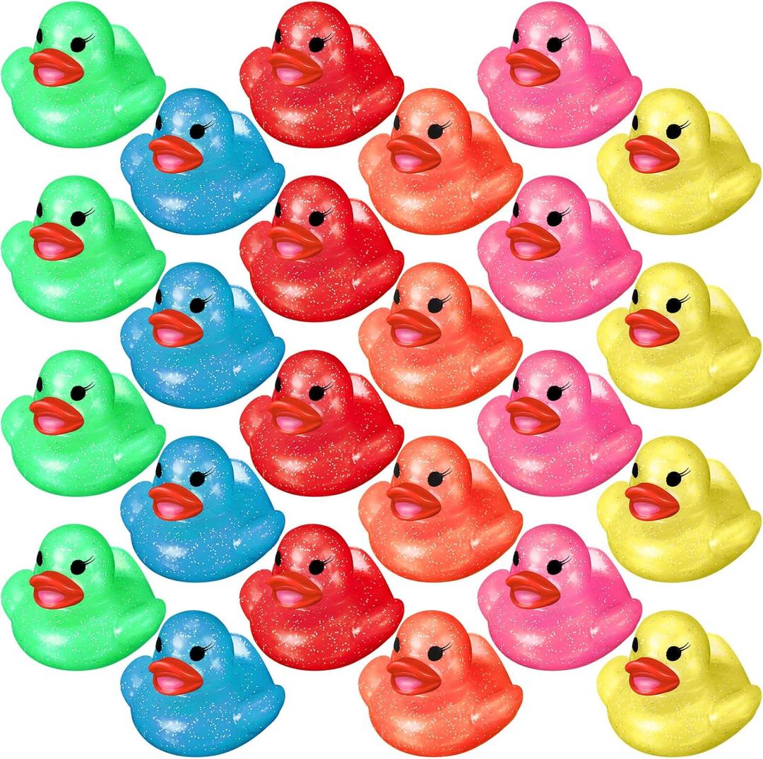 Leitee 24 Pcs Glitter Rubber Duck Assortment Duckies for Kids Colorful Glitter Mini Ducks Neon Color Ducky Bath Toys for Birthday Gifts Baby Shower Decorations Summer Beach Pool Activity Favor 1.6''