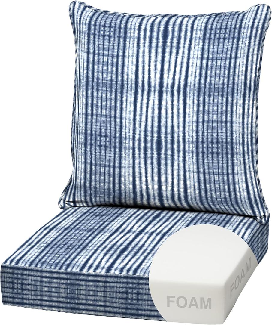 Arden Outdoor Foam Deep Seat Cushion Set, 22 in x 24 in, Weather-Proof, Rain-Proof, Fade Resistant Patio Cushion, Bottom and Back Cushion for Chair, Sofa, and Couch Blue Shibori Stripe, 1 Pack