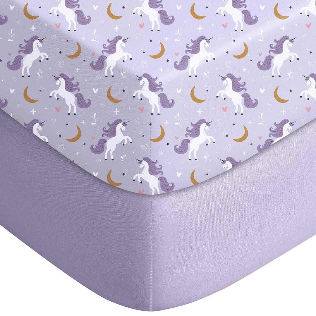 Yoofoss Pack and Play Sheets Fitted, Mini Crib Sheets 2-Pack for Pack N Play Mattress, Stretchy Playard Sheet, Soft and Breathable (Purple+Unicorn)
