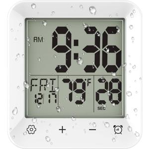 Digital Shower Clock Waterproof, Bathroom Wall Clock Timer with Touch Screen, Temperature, LCD Display, Suction Cup Hanging Hole Stand for Kids and Adults (White)