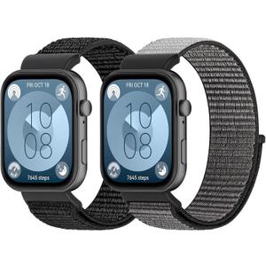 Nylon Watch Bands Compatible for Huawei Watch Fit 3/Fit 4/ Fit 4 Pro, 2 Pcs Adjustable Breathable Sport Loop Wristband Replacement Straps for Women Men