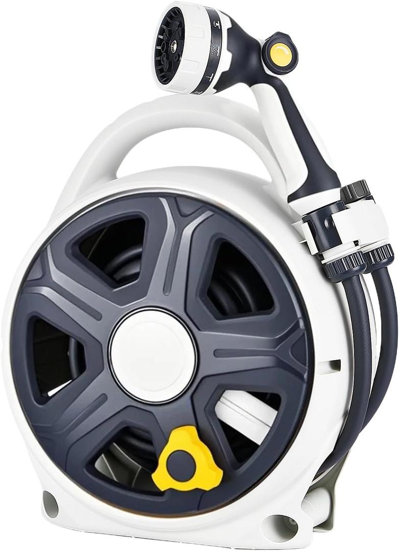 Retractable Garden Hose Reel, 1/2” x 50 ft Portable Hose Reel with 10 Patterns Spray Nozzle, Heavy Duty, Leakproof, Durable & Compact Design for Garden Watering, Car Washing, Pet