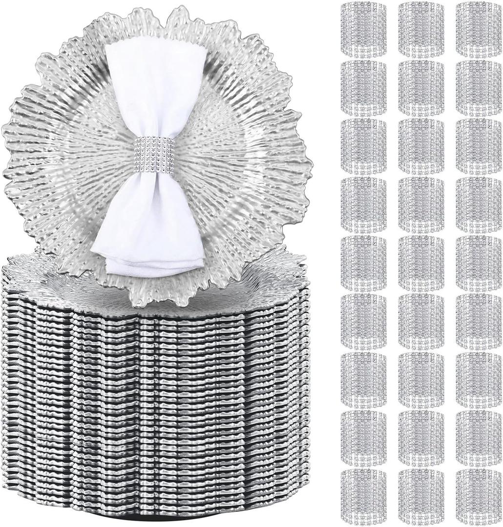 100 Sets Silver Reef Charger Plates Bulk with Napkin Rings Include 13" Round Chargers for Dinner Plates and Mesh Diamonds Napkin Rings for Table Setting, Wedding Party
