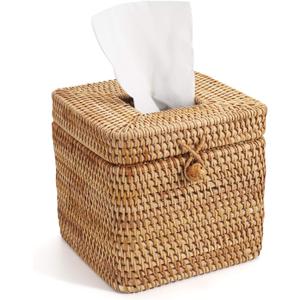 Rattan Square Tissue Box Cover, 5.7" x 5.7" x 5", Decorative Woven Facial Tissue Holder with Hinged Top Lid, Natural Color