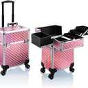 Stagiant Rolling Makeup Train Case Large Storage Cosmetic Trolley 4 Tray with Sliding Rail Removable Middle Layer with Key Swivel Wheels Salon Barber Case Traveling Cart Trunk (Pink)