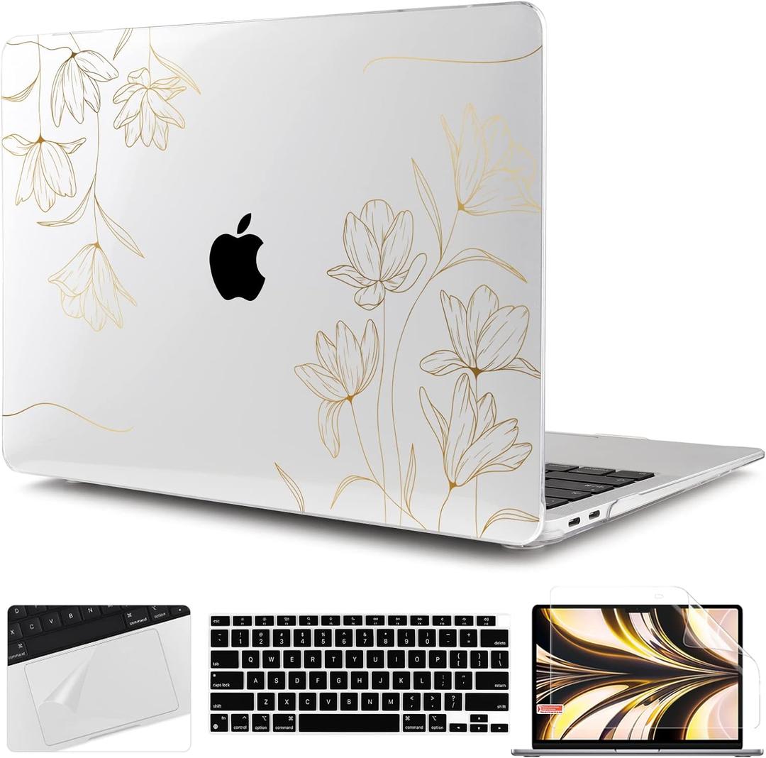 TWOLSKOO for 2021 2020 2019 2018 MacBook Air 13 inch Case A2337 M1 A2179 A1932, Hard Shell Case with Keyboard Skin & Screen Protector for MacBook Air 13.3 inch with Retina & Touch ID, Gold Florals