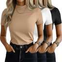 Ficerd 3 Pack Women's Mock Neck Shirts Short Sleeve Turtleneck Tops Slim Fitted Dressy Casual Tees Summer Basic Tshirts 2026 (Black, S)
