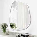 White Irregular Bathroom Mirror Modern Oval Wall Mirror Asymmetrical Wooden Framed Wall Mirror Unique Shape Wall Mounted Vanity Artistic Mirror Decor for Living Room Bedroom Entryway Small 14"x10"