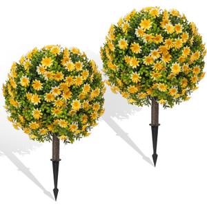 Fall Artificial Mum Topiary Ball with Spike Set of 2, Faux Boxwoods for Outdoor Planters, UV Resistant Artificial Outdoor Plants for Porch, Fake Bushes Round Shrub with Orange Yellow Mum