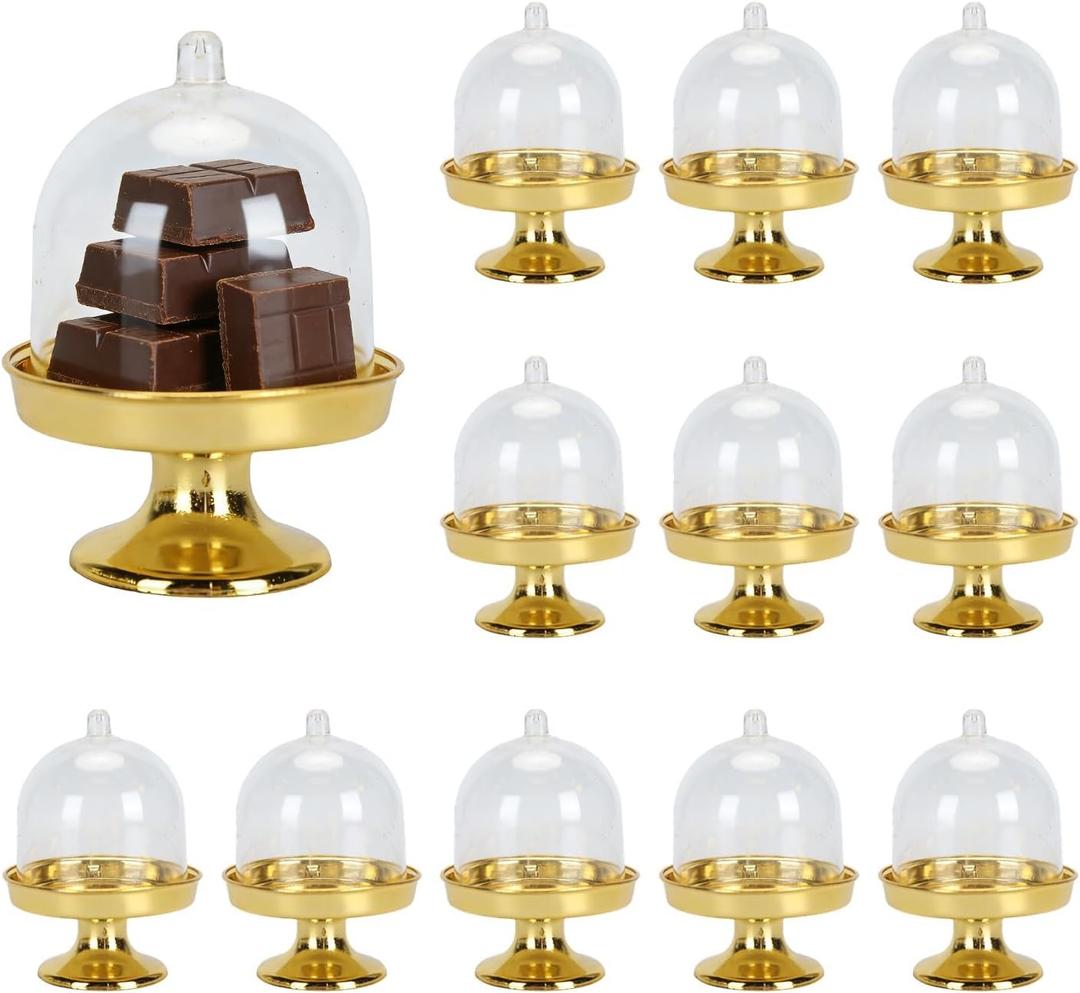 Tissting 12PCS Mini Cake Stand with Lid,Tiny Cake Dome with Clear Plastic For Chocolate, Cheese, Coconut Macaroons, Rum Balls, Candies,Golden Bottom Dessert Tray (plastic 4)