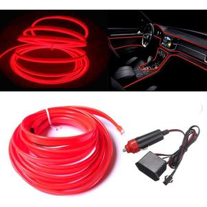 MaxLax El Wire Red Interior Car LED Strip Lights, 10m neon Wire 12V with Fuse Protection for Automotive Car Interior Decoration with 6mm Sewing Edge (32.8 ft)