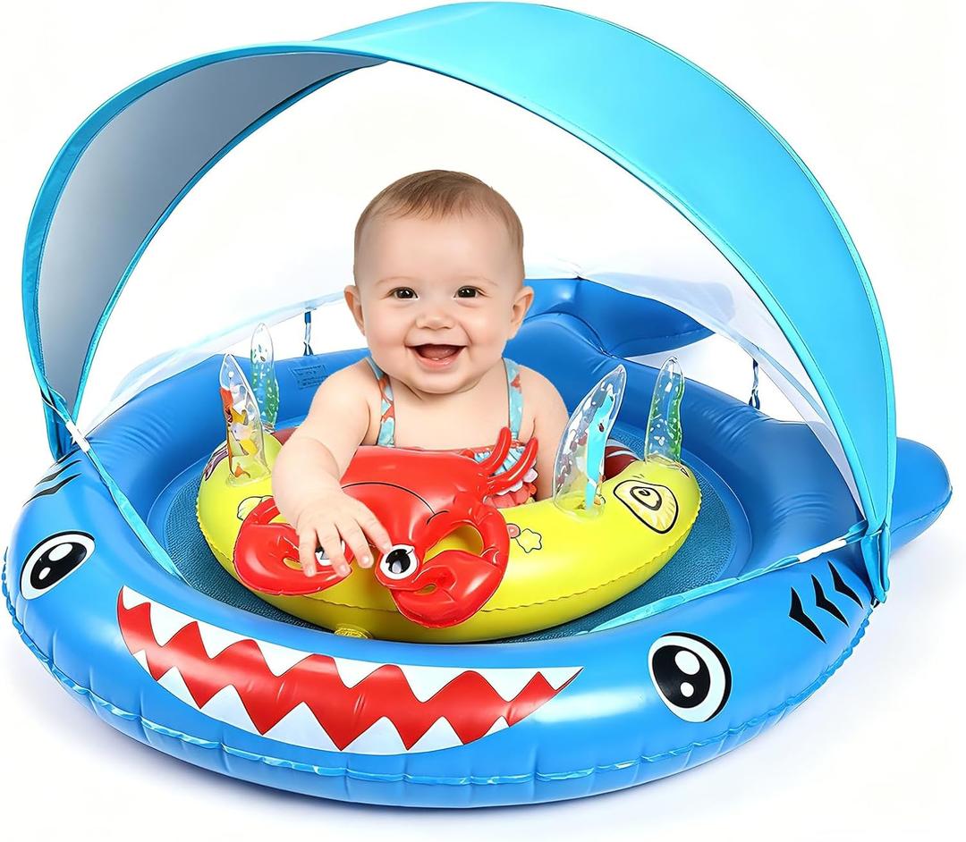 Baby Pool Float with Canopy for 6-36 Months - UPF 50+ Sun Shade Pool Float, Non-Flip Safety Seat with Toy Console, Adjustable Infant Swim Ring for Boys Girls