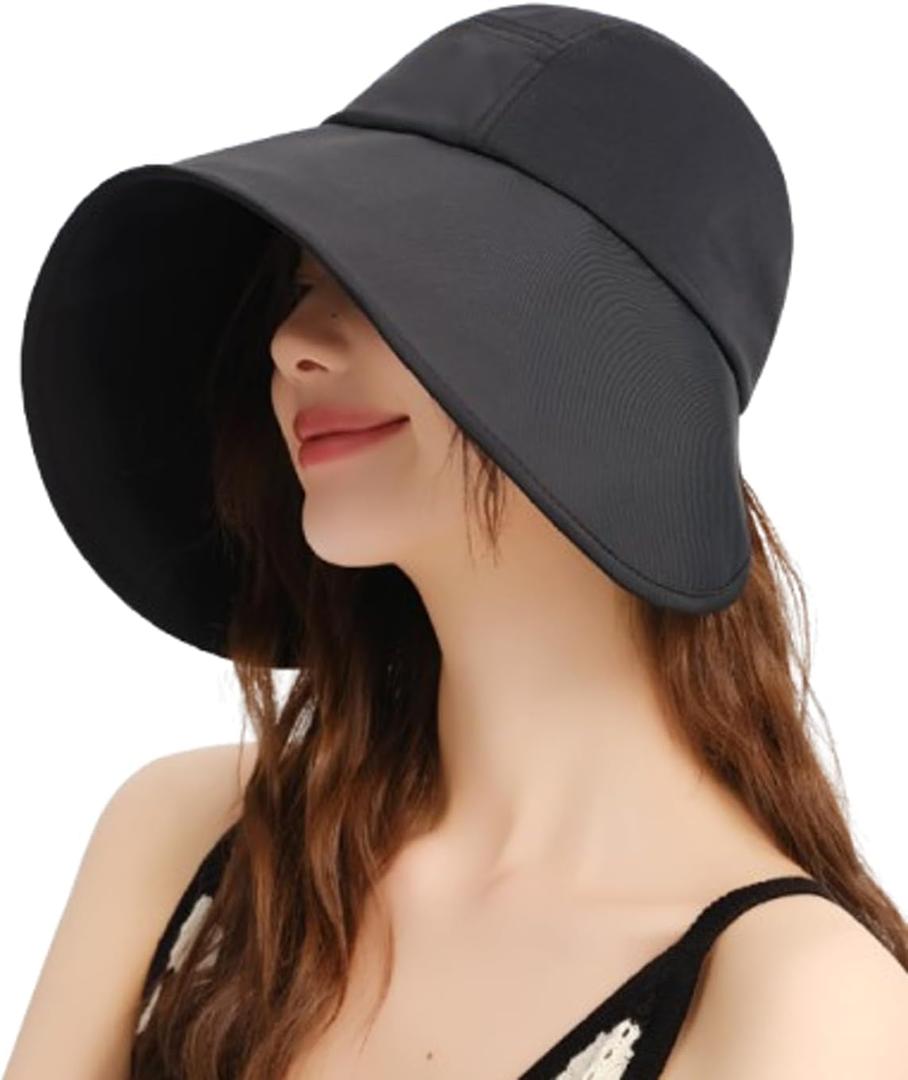 Wide Brim Sun Hats for Women UV Protection Beach Hats Sports Sun Visor Bucket Hat Foldable Summer Vacation Outdoor (Black)