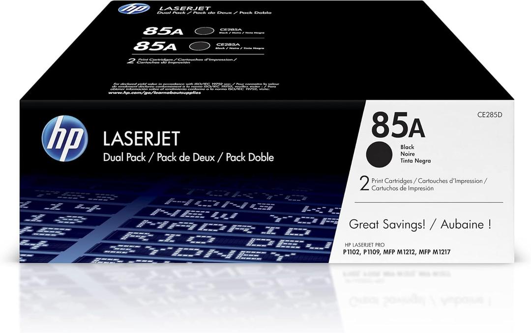 HP 85A Black Toner Cartridges (2-pack) | Works with HP LaserJet Pro P1102, P1109 Series, HP LaserJet Pro MFP M1212, M1217 Series | CE285D