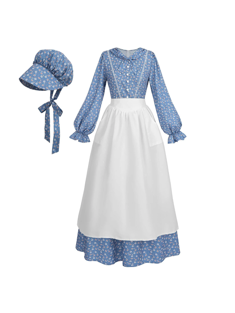 Nuoqi Prairie Dress Women Colonial Pioneer Dress with Bonnet Adult Colonial Costumes. Color Blue, Size L