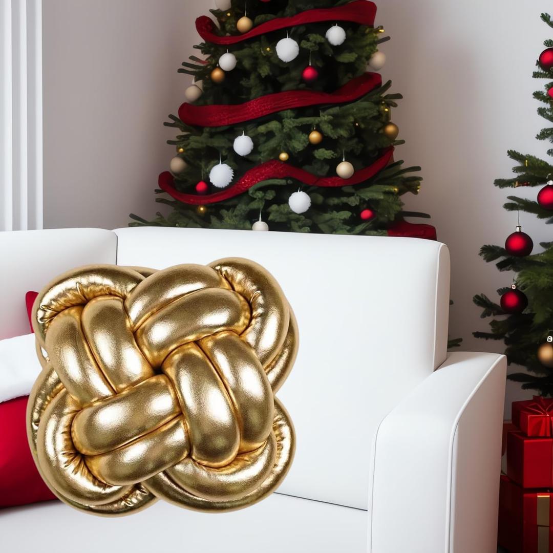 Soft Knot Pillow Ball, 12" Decorative Throw Pillow Floor Cushion for Couch, Square Xmas Decorations Knotted Pillow for Bed Living Room (Gold)