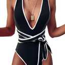 Lilosy Sexy Tie Criss Cross Plunge One Piece Thong Swimsuit High Cut Brazilian Bathing Suit Lace Up Neck Backless Waisted Low Leg Rise Cheeky Bikini Women Back Monokini Black White Large