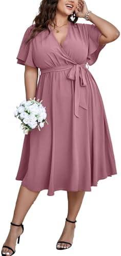 SCOMCHIC Womens Plus Size Wedding Guest Cocktail Midi Dress Summer Short Sleeve Wrap V Neck Belted A-Line Flowy Dress, 4XL