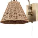 Globe Electric x Novogratz 65000052 1-Light Wall Sconce, Matte Brass Finish, Rattan Shade, On/Off Pull Chain Switch, Home and Office Decor, Modern Lighting for Living Room, Bohemian