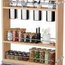 DINDON Pull Out Spice Rack Cabinet Organizer, (5" W x 21.9" D x 25.2" H) Multi-Use Soild Wood Pull Out Cabinet Organizer With 4 Movable Stainless Steel Cutlery Storage Buckets for Kitchen Organization