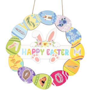 Religious Easter Door Wreath with 12 Faith Symbols Eggs, Easter Wreaths For Front Door, Christian Bunny Sign, Wooden Spring Hanging Decor for Front Porch, Entryway Wall, Holiday Home Decoration