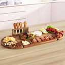 Large Acacia Wood Charcuterie Board Set, 25-inch 3-Piece Tray with 4 Knives & Magnetic Holder, Long Round Cheese & Appetizer Platter for Serving, Crackers, Snacks