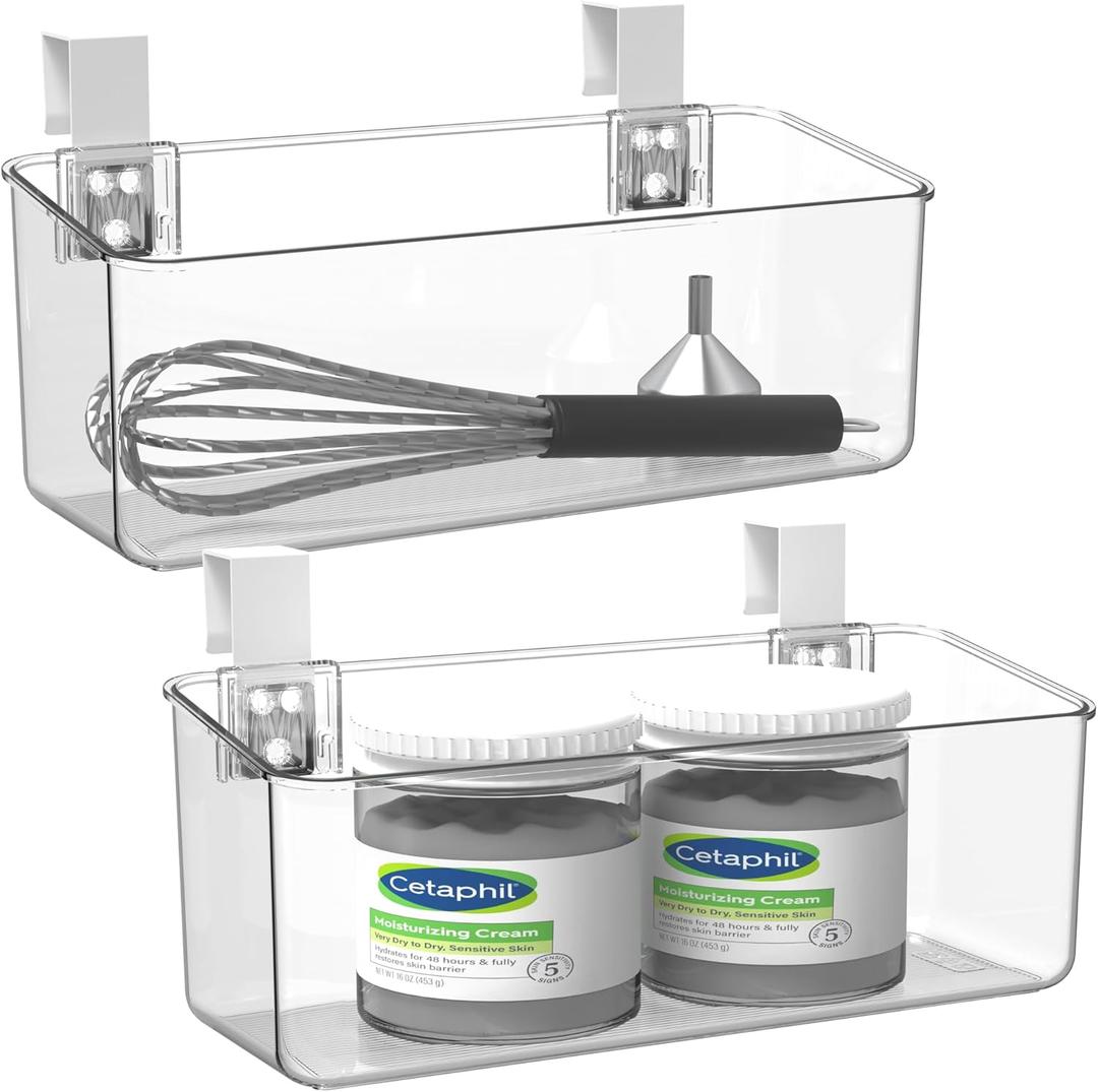 vacane 2 Pack Plastic Over Cabinet Door Organizer with Removable Hooks, Clear Hanging Baskets for Organizing Over the Cabinet Organizer Holder for Kitchen, Bathroom-Hang Outside or Inside Door-M