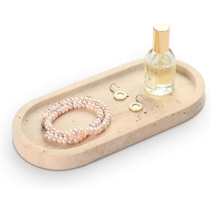 Bathroom Vanity Tray, Natural Marble Oval Tray 10 inch, Beige Travertine Vanity Tray for Soap Dispenser Modern Countertop Organizer for Kitchen Countertops, Home Decor
