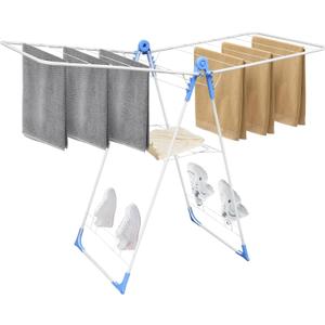 Foldable Gullwing Clothes Drying Rack Free Standing Indoor Outdoor Airer | Height Adjustable Wings Large Laundry Airer with Shoe Rack for Balcony Laundry Room