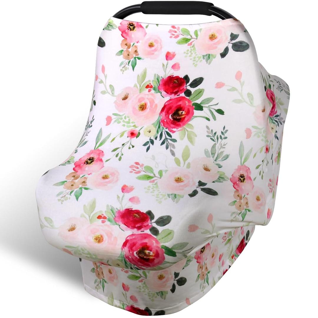 Rquite All-in-1 Car Seat Cover Baby, Carseat Covers for Girl Boy, Stretchy Soft Infant Car Seat Cover, Multi-use Baby Carrier Cover, Car Seat Canopy, Stroller Sun Shade, Nursing Breastfeeding Cover (Retro Flower)