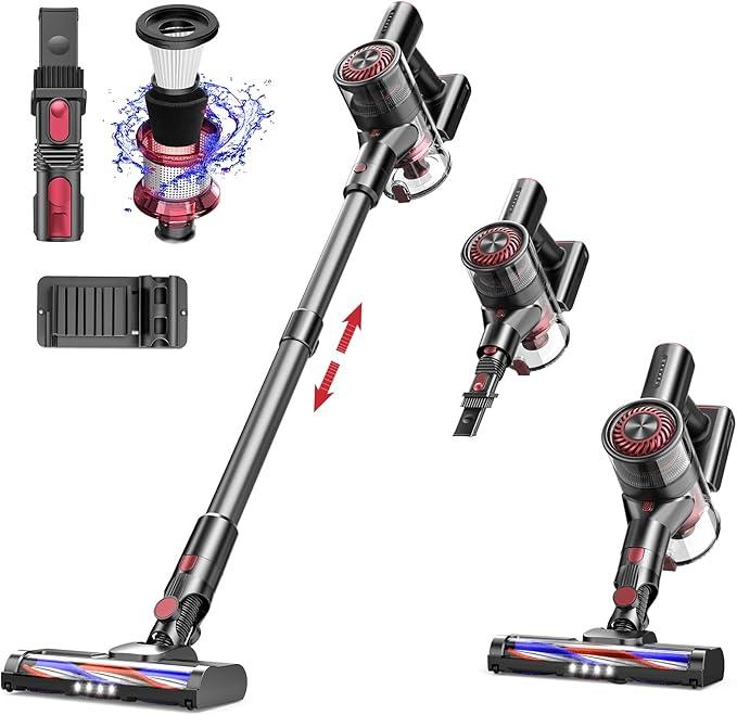 Vacuum Cleaner for Home, Cordless Vacuum Cleaner with High-Speed Brushless Motor, 2600mAh Detachable Lithium Batteries, Up to 40 Mins Runtime 5 Stages High-Efficiency Filtration(Gray Red)