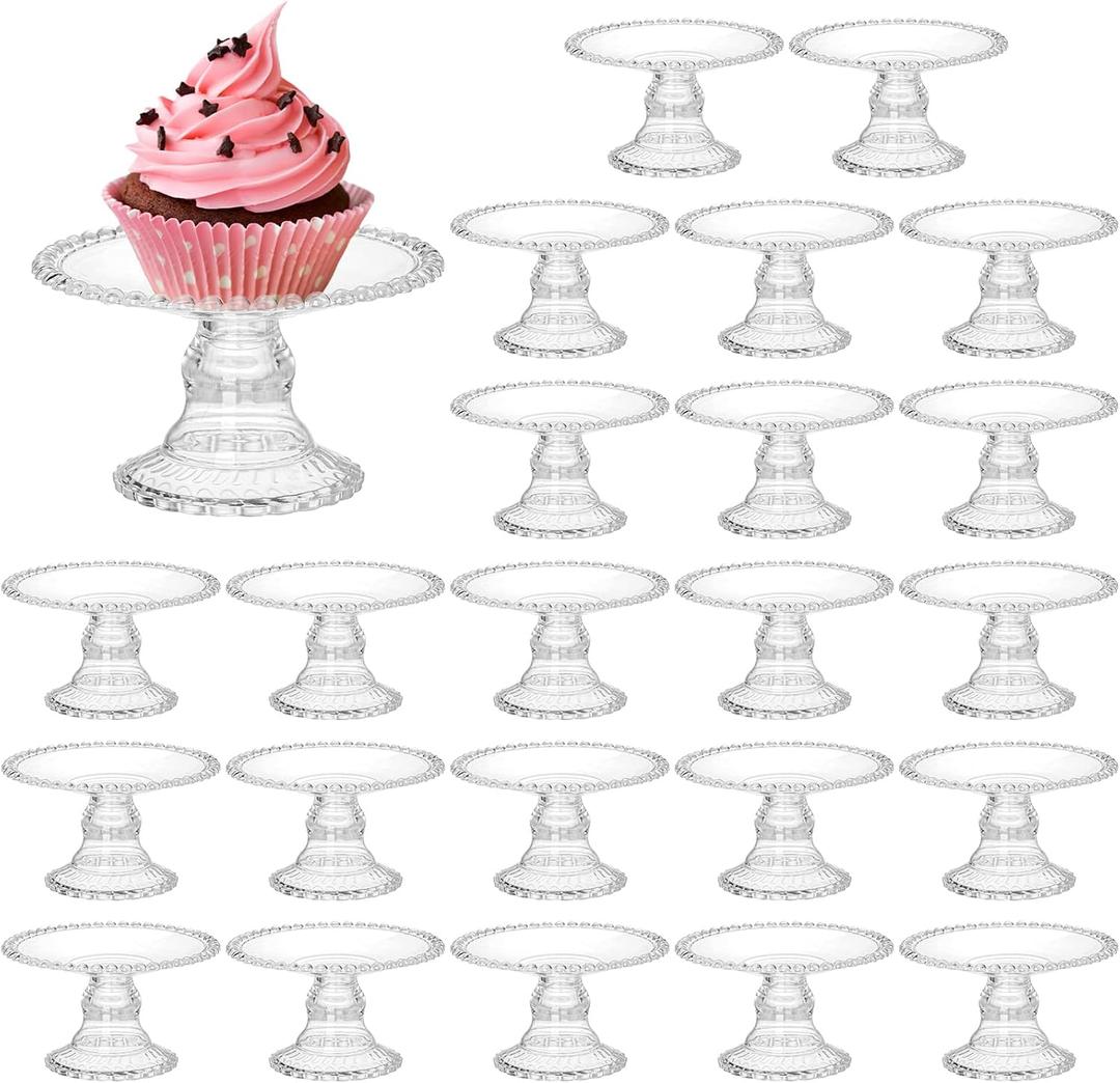 Hacaroa 24 Pcs Mini Cake Plate Stand, Plastic Single Cupcake Holder Serving Plate, Clear Small Dessert Display Stand Tray for Chocolate, Fruits, Baby Shower, Wedding, Birthday, Party