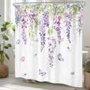 Riyidecor Purple Lavender Floral Shower Curtain Lilac Purple Flower Butterfly Botanical Plant Watercolor Rustic Green Leaves Summer Girls 60Wx72H Inch Bathroom Decor Fabric Waterproof 12 Pack Hooks