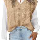 BTFBM Sweater Vest Women Oversized V Neck Cable Knit Casual Pullover Sweaters Fall Outfits 2025 Sleeveless Tops (Beige, S)